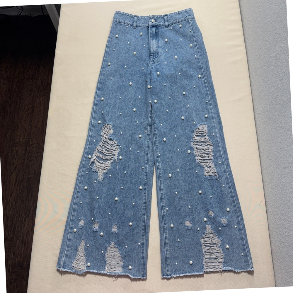 Fantastic Fawn Pearl Embellished Distressed Wide Leg Cropped Jeans Women's Small